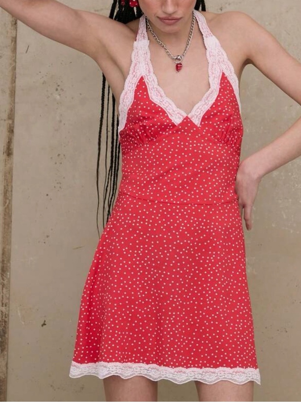 Red Polka Dot Lace-Trim Halter Mini Dress